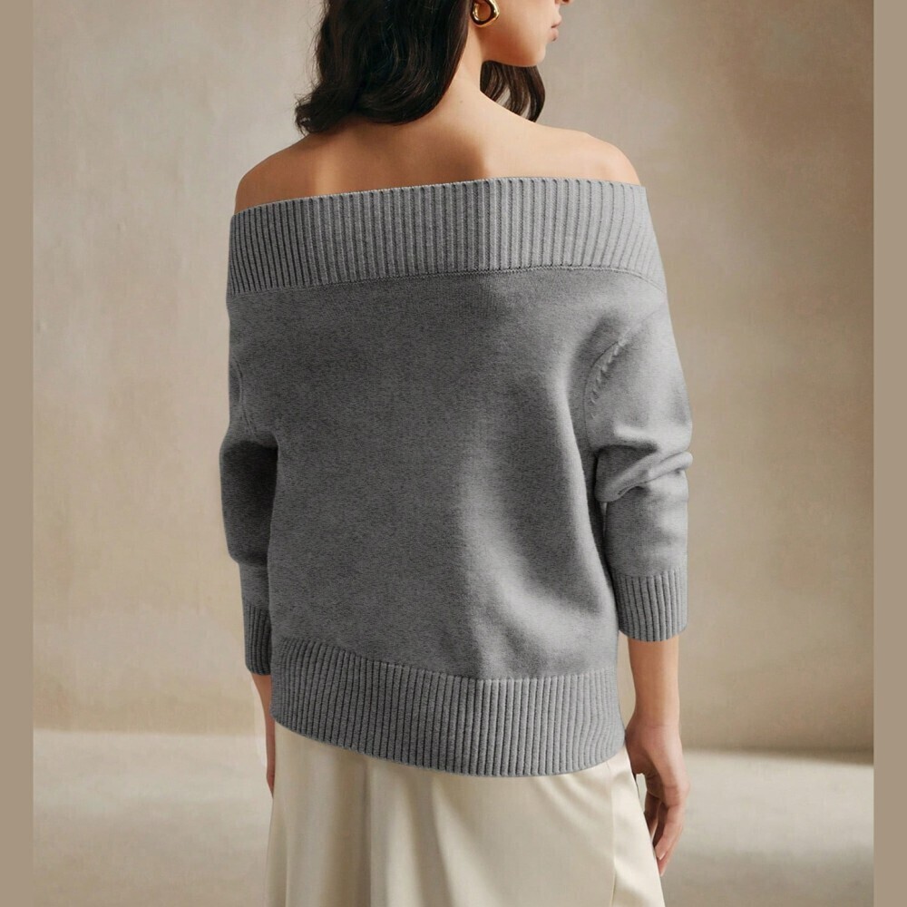 Gray Rhinestone Embellished Off Shoulder Ribbed Knit Sweater - Picture 11 of 11